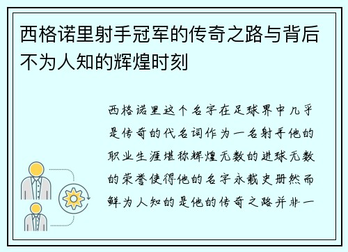 西格诺里射手冠军的传奇之路与背后不为人知的辉煌时刻